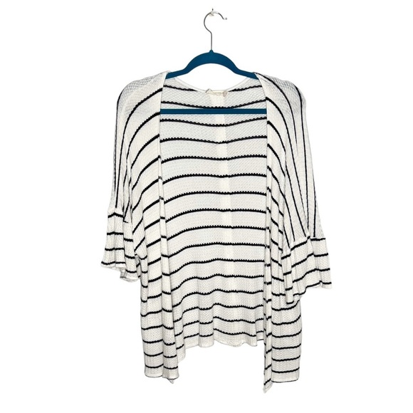 Altar’d State White & Navy Blue Striped Ruffle Sleeve Button Back Cardigan - Picture 1 of 9